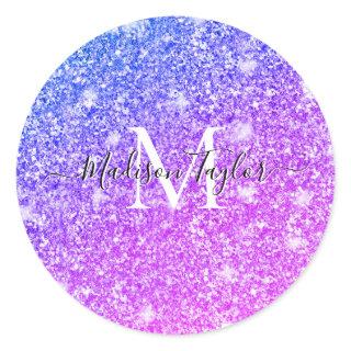 Girly Purple and Pink Glitter Monogram Name    Cla Classic Round Sticker