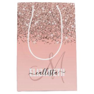 Girly Rose Gold Confetti Pink Gradient Monogram Medium Gift Bag