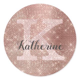 Girly Rose Gold Glitter Glam Sparkle Monogram Name Classic Round Sticker
