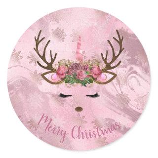 Girly rose gold marble unicorn reindeer snowflakes classic round sticker