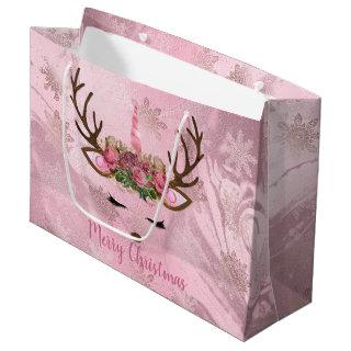 Girly rose gold marble unicorn reindeer snowflakes large gift bag