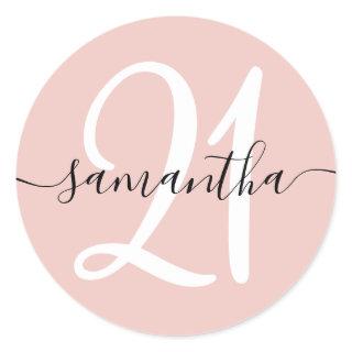 Girly Signature Personalized Number 21 Blush Classic Round Sticker