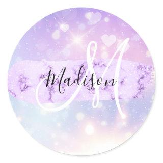 Girly Sparkly Unicorn Rainbow Hearts Monogram Classic Round Sticker