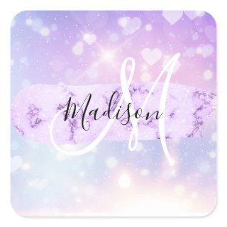 Girly Sparkly Unicorn Rainbow Hearts Monogram Square Sticker