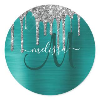 Girly Teal Dripping Glitter Brush Metal Monogram Classic Round Sticker