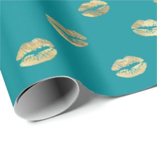 Girly Teal Gold Kiss Lips Pattern