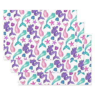 Girly Watercolor Mermaids Tales Seashells Pattern  Sheets