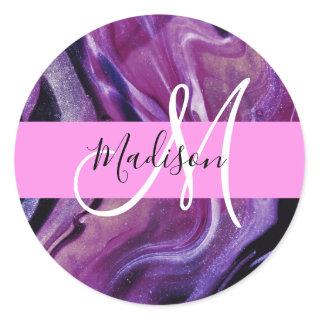 Glam Abstract Purple Shimmer Texture Pink Monogram Classic Round Sticker