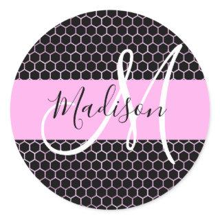 Glam Black Metallic Pink Honeycomb Monogram Name Classic Round Sticker