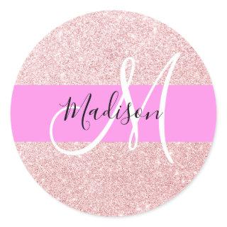 Glam Blush Pink Rose Gold Glitter Sparkle Monogram Classic Round Sticker
