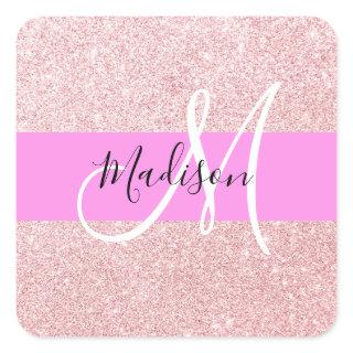 Glam Blush Pink Rose Gold Glitter Sparkle Monogram Square Sticker