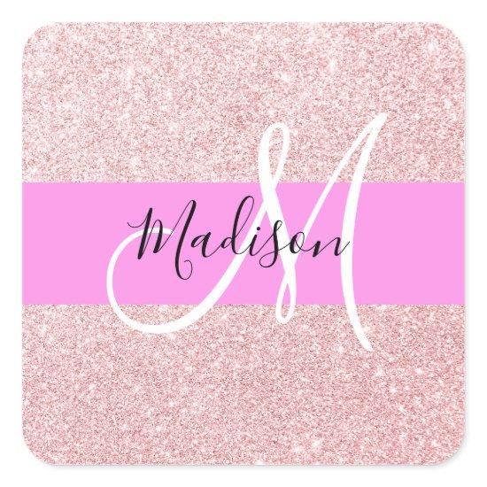 Glam Blush Pink Rose Gold Glitter Sparkle Monogram Square Sticker