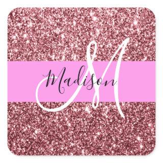 Glam Blush Pink Rose Gold Glitter Sparkle Monogram Square Sticker