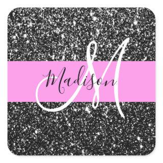 Glam Chic Pink Black Glitter Sparkle Name Monogram Square Sticker
