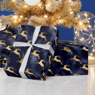 Glam Christmas Deer Pattern Navy Blue Gold Foil