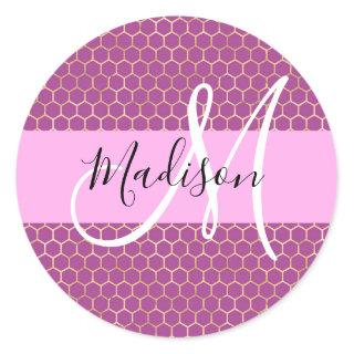 Glam Fuchsia Metallic Pink Honeycomb Monogram Name Classic Round Sticker