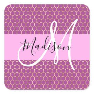 Glam Fuchsia Metallic Pink Honeycomb Monogram Name Square Sticker