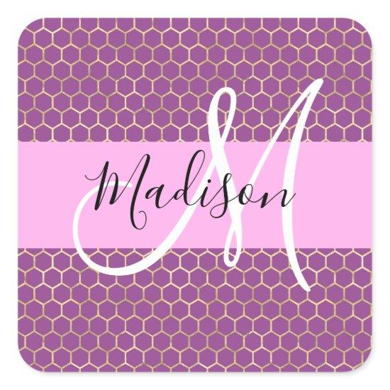 Glam Fuchsia Metallic Pink Honeycomb Monogram Name Square Sticker