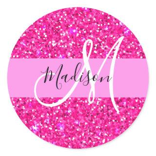 Glam Girly Hot Pink Glitter Sparkles Name Monogram Classic Round Sticker