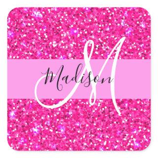 Glam Girly Hot Pink Glitter Sparkles Name Monogram Square Sticker