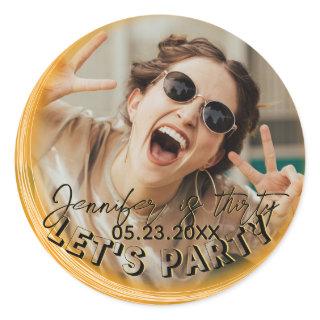 Glam Girly Photo Script 20 30 40 th Birthday Party Classic Round Sticker