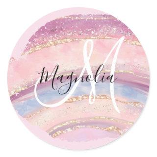 Glam Gold Pink Blue Gemstone Brush Stroke Monogram Classic Round Sticker