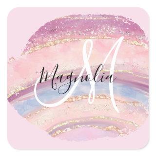 Glam Gold Pink Blue Gemstone Brush Stroke Monogram Square Sticker