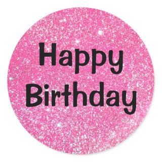 Glam Happy Birthday Black Hot Pink Glitter Sparkle Classic Round Sticker