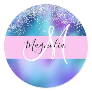 Glam Holographic Mermaid Glitter Sparkle Monogram Classic Round Sticker