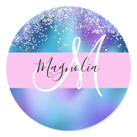 Glam Holographic Mermaid Glitter Sparkle Monogram Classic Round Sticker