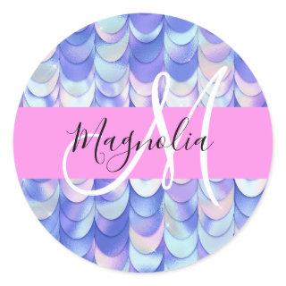 Glam Iridescent Blue Mermaid Scales Name Monogram Classic Round Sticker