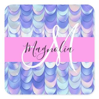 Glam Iridescent Blue Mermaid Scales Name Monogram Square Sticker