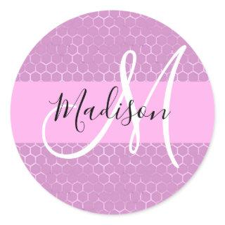 Glam Lilac Metallic Pink Honeycomb Monogram Name Classic Round Sticker