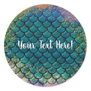 Glam Mermaid Fish Scales Teal Purple Gold Sparkle Classic Round Sticker