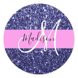Glam Navy Blue Pink Glitter Sparkles Name Monogram Classic Round Sticker