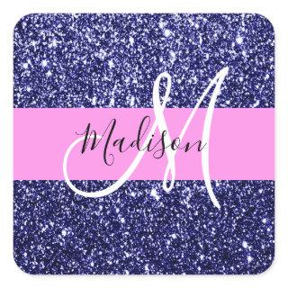 Glam Navy Blue Pink Glitter Sparkles Name Monogram Square Sticker