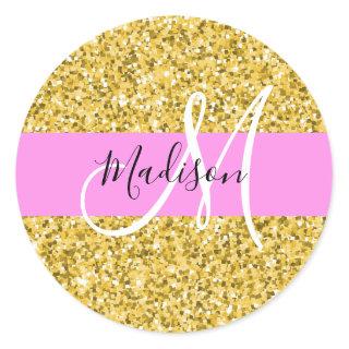 Glam Pink and Gold Glitter Sparkles Monogram Name Classic Round Sticker
