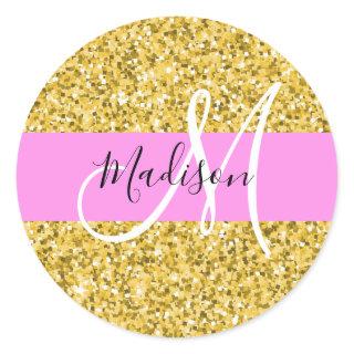 Glam Pink and Gold Glitter Sparkles Monogram Name Classic Round Sticker