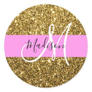 Glam Pink and Gold Glitter Sparkles Monogram Name Classic Round Sticker