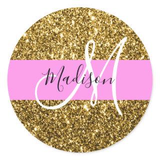 Glam Pink and Gold Glitter Sparkles Monogram Name Classic Round Sticker