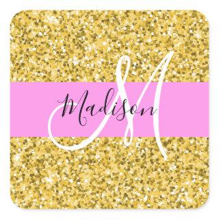 Glam Pink and Gold Glitter Sparkles Monogram Name Square Sticker