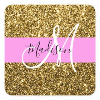 Glam Pink and Gold Glitter Sparkles Monogram Name Square Sticker