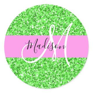 Glam Pink and Green Glitter Sparkles Monogram Name Classic Round Sticker