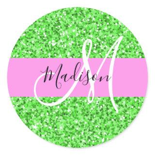 Glam Pink and Green Glitter Sparkles Monogram Name Classic Round Sticker