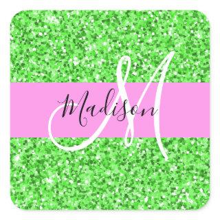 Glam Pink and Green Glitter Sparkles Monogram Name Square Sticker