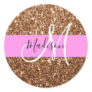 Glam Pink & Bronze Glitter Sparkles Monogram Name Classic Round Sticker
