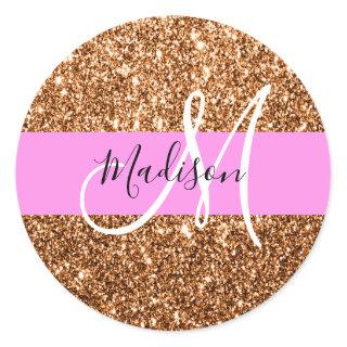 Glam Pink & Copper Glitter Sparkles Monogram Name Classic Round Sticker