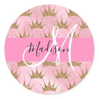 Glam Pink & Gold Glitter Sparkles Crowns Monogram Classic Round Sticker