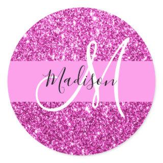 Glam Pink & Magenta Glitter Sparkle Monogram Name Classic Round Sticker