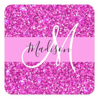 Glam Pink & Magenta Glitter Sparkle Monogram Name Square Sticker